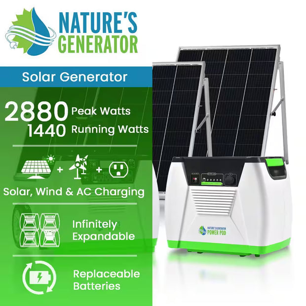 1800-Watt/2880W Peak Push Button Start Solar Powered Portable Generator with Power Pod and Three 100W Solar Panels